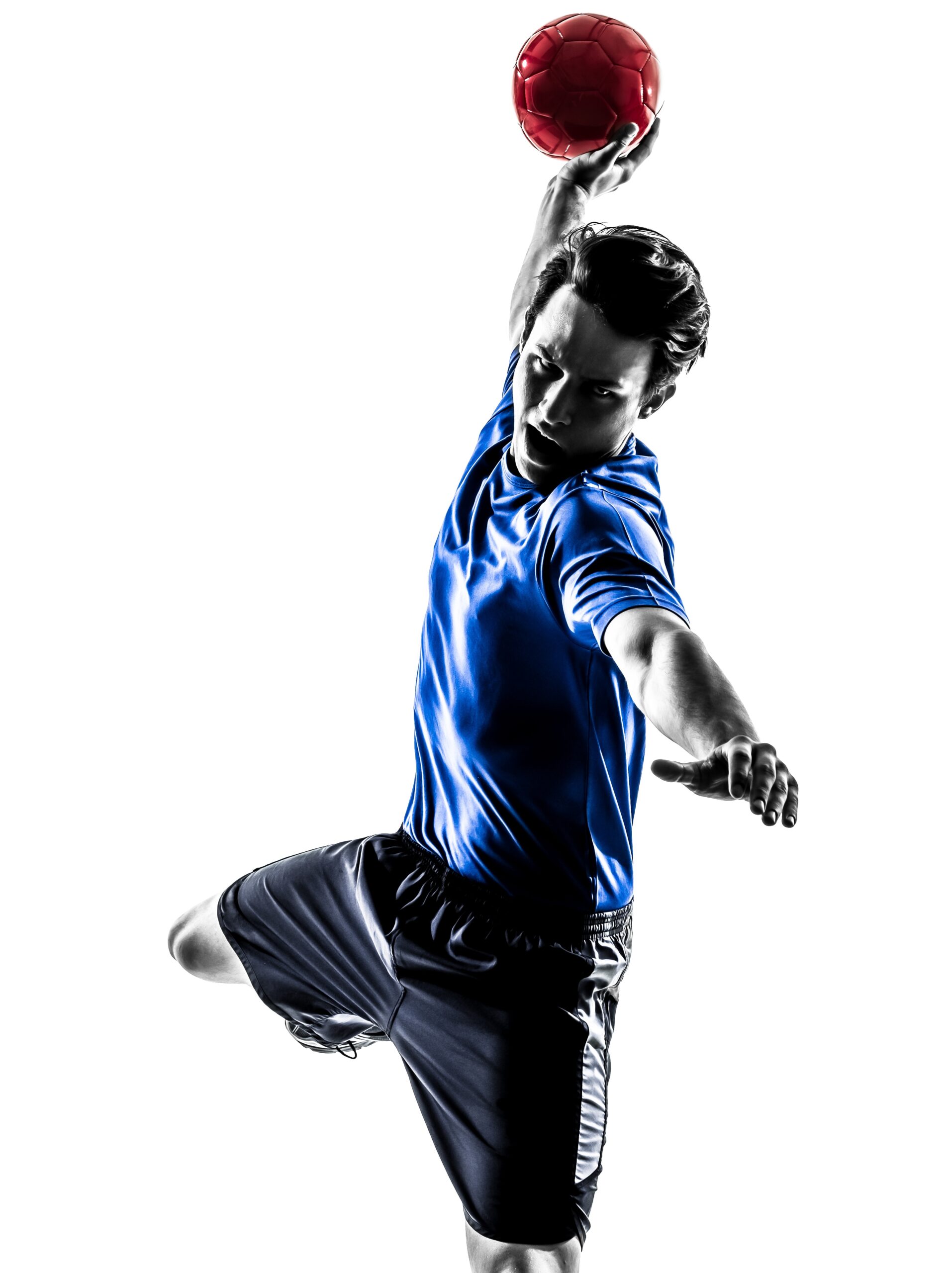 Zweite Karriere: one caucasian young man exercising handball player in silhouette studio  on white background