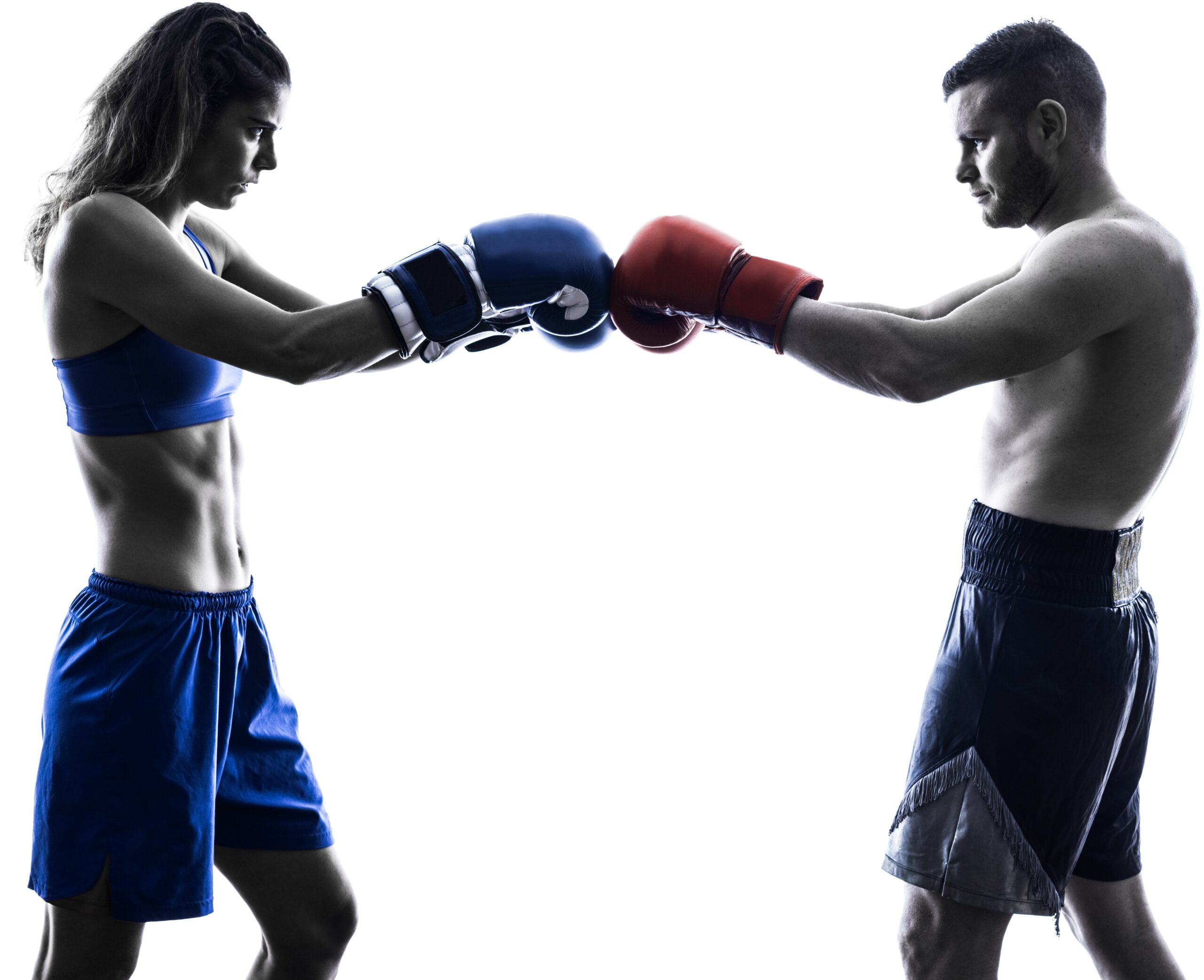 one woman boxer boxing one man  kickboxing in silhouette isolated on white background